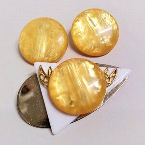 Brooch and Clip On Earrings Set Yellow Retro Vintage